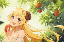 Rule 34 | 1girl, :d, absurdres, ahoge, animal ears, apple, bare shoulders, blonde hair, blush, breasts, floating hair, food, fruit, hair ornament, hairclip, highres, holding, holding food, holding fruit, hololive, horns, large breasts, long hair, looking at viewer, off-shoulder shirt, off shoulder, open mouth, plant, purple eyes, sheep ears, sheep girl, sheep horns, shirt, shyi, smile, solo, teeth, tsunomaki watame, upper body, upper teeth only, virtual youtuber, white shirt