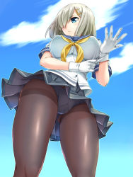 Rule 34 | 10s, 1girl, adjusting clothes, adjusting gloves, ass, blue eyes, blue panties, blue skirt, blush, breasts, closed mouth, cloud, day, from below, gloves, grey pantyhose, gusset, hair ornament, hair over one eye, hairclip, hamakaze (kancolle), highres, kantai collection, large breasts, neckerchief, panties, panties under pantyhose, pantyhose, pantyshot, pleated skirt, school uniform, serafuku, short hair, short sleeves, silver hair, skirt, sky, solo, standing, underbust, underwear, urase shioji, white gloves, yellow neckerchief