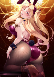 Rule 34 | 1girl, animal ears, ass, back, blonde hair, blush, breasts, detached collar, earrings, ereshkigal (fate), fake animal ears, fate/grand order, fate (series), fishnet pantyhose, fishnets, gradient background, high heels, highleg, highleg leotard, infinity symbol, jewelry, large breasts, leotard, long hair, looking at viewer, looking back, mukunokino isshiki, nail polish, open mouth, pantyhose, parted bangs, playboy bunny, purple leotard, rabbit ears, rabbit tail, red eyes, solo, tail, thighs, two side up, wrist cuffs