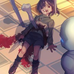 Rule 34 | 1other, ankle boots, black shorts, blood, blood from mouth, blood on clothes, bone, boots, brown footwear, chara (undertale), gender request, green sweater, grin, guro, hair over one eye, highres, injury, jewelry, knife, long sleeves, looking at another, lying, necklace, on back, red eyes, rei (tdn ng), sans (undertale), sharp teeth, shorts, skull, smile, sweater, teeth, undertale