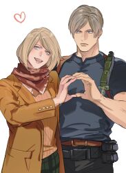 Rule 34 | 1boy, 1girl, ashley graham, belt, black shirt, blue eyes, buttons, closed mouth, eyebrows hidden by hair, green skirt, heart, height difference, holster, jacket, knife, knife sheath, knife sheath, leon s. kennedy, long sleeves, looking at viewer, open mouth, orange jacket, orange sleeves, parted bangs, red scarf, resident evil, resident evil 4, resident evil 4 (remake), scarf, sheath, shirt, short hair, short sleeves, simple background, skirt, smile, standing, tatsumi (psmhbpiuczn), teeth, upper body, upper teeth only, white background