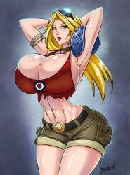 Rule 34 | 1girl, abs, armpits, arms behind head, arms up, belle walker, belt, blonde hair, blue eyes, breasts, cleavage, curvy, devil-v, gradient background, highres, hip focus, huge breasts, lipstick, long hair, looking at viewer, makeup, muscular, muscular female, navel, parted lips, shorts, solo, tagme, thighs, toned, torn clothes, wide hips, wildstar