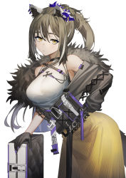 Rule 34 | 1girl, absurdres, animal ear fluff, animal ears, arknights, bag, bare shoulders, black gloves, black jacket, breasts, brown hair, buckle, closed mouth, cowboy shot, female focus, freckles, fur trim, gloves, halter shirt, halterneck, hand on own hip, highres, jacket, large breasts, leaning forward, long sleeves, looking at viewer, multicolored hair, official alternate costume, open clothes, open jacket, ponytail, raccoon ears, raccoon girl, raccoon tail, robin (arknights), robin (gift of wild) (arknights), senba (592683801), shirt, sidelocks, simple background, skirt, solo, streaked hair, tail, two-tone hair, white background, white shirt, yellow eyes, yellow skirt