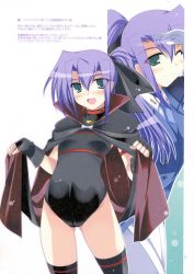 Rule 34 | 1girl, :d, ;), aqua eyes, arm up, black cape, black gloves, black leotard, black thighhighs, blue necktie, blush, breasts, buckle, cape, closed mouth, collar, cosplay, cowboy shot, fate testarossa, fate testarossa (cosplay), fate testarossa (original form), fingerless gloves, ginga nakajima, gloves, grey background, groin, highres, ibuki pon, legs apart, leotard, lifting own clothes, long hair, looking at viewer, lyrical nanoha, mahou shoujo lyrical nanoha, mahou shoujo lyrical nanoha strikers, necktie, nose blush, one eye closed, open mouth, purple hair, quint nakajima, salute, simple background, small breasts, smile, standing, thighhighs, thighs, uniform, white background, white gloves