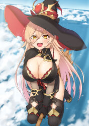 Rule 34 | 1girl, absurdres, bird, black gloves, blonde hair, blush, bra, bra peek, breasts, broom, broom riding, cleavage, clothing cutout, cloud, fang, flying, gloves, gradient hair, hair between eyes, hat, highres, large breasts, long hair, looking at viewer, multicolored hair, navel cutout, nijisanji, nui sociere, ocean, open mouth, pink hair, red bra, skin fang, sky, smile, solo, stock-world, thighhighs, torn clothes, torn hat, underwear, very long hair, virtual youtuber, witch, witch hat, yellow eyes