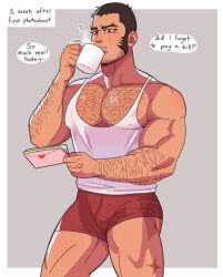 Rule 34 | 1boy, ?, arm hair, bara, beard stubble, black hair, chest hair, cup, english text, facial hair, foazycozy, golden kamuy, highres, holding, holding cup, holding letter, large pectorals, letter, love letter, male focus, male underwear, military vehicle, motor vehicle, muscular, muscular male, pectorals, red male underwear, short hair, sideburns, solo, stubble, tanigaki genjirou, tank, tank top, thick thighs, thighs, underwear, white tank top