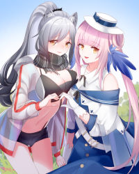 Rule 34 | 2girls, :d, animal ear fluff, animal ears, arknights, bare shoulders, black scarf, black shorts, blue dress, blue feathers, breasts, cat ears, ceylon (arknights), cleavage, commentary request, crop top, dress, feather hair, feathers, female focus, gloves, heart, heart hands, jacket, large breasts, lingshalan, long hair, long sleeves, looking at viewer, midriff, multiple girls, navel, open clothes, open jacket, open mouth, pink hair, scarf, schwarz (arknights), see-through, short shorts, shorts, sidelocks, silver hair, smile, stomach, thighs, very long hair, white gloves, white jacket, yellow eyes