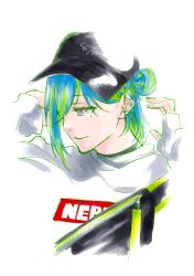 Rule 34 | 1girl, absurdres, baseball cap, black hat, black shirt, blue hair, closed mouth, dinosaur print, earrings, green hair, hair between eyes, hair bun, hair over one eye, half-closed eyes, hand in own hair, hat, highres, hiyoku no crosspiece, jewelry, ken&#039;ichi (ken1ro u), long sleeves, looking at viewer, marker (medium), mole, mole under eye, multicolored hair, nanashi inc., official alternate costume, one eye covered, pink eyes, shirt, sleeves past wrists, solo, suzumi nemo, suzumi nemo (2nd costume), sweater, traditional media, virtual youtuber, white background, white sweater, zipper