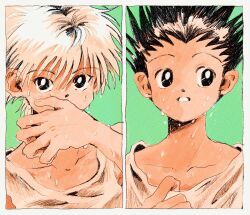 Rule 34 | 2boys, black eyes, black hair, blue background, child, gon freecss, highres, hunter x hunter, killua zoldyck, looking at viewer, looking to the side, male focus, multiple boys, shirt, short hair, simple background, spiked hair, split screen, toma25252, upper body, wet face, white hair, white shirt