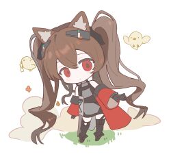Rule 34 | angelina (arknights), angelina (endfield) (arknights), animal ear fluff, animal ears, arknights, arknights: endfield, bare shoulders, bird, black bracelet, brown hair, chibi, closed mouth, coat, commentary request, dot mouth, dress, envelope, flat color, fox ears, fox girl, full body, grey dress, headgear, highres, hoshi (pixiv 6717776), infection monitor (arknights), leaning to the side, long hair, no nose, off shoulder, open clothes, open coat, red coat, red eyes, solo, twintails, very long hair, white background