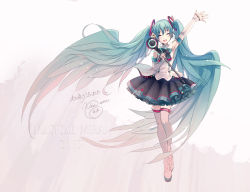 Rule 34 | 1girl, :d, ^ ^, absurdres, arm up, artist name, black skirt, closed eyes, dated, detached sleeves, facing viewer, full body, hair between eyes, hair wings, hand up, hatsune miku, highres, holding, holding microphone, ixima, magical mirai (vocaloid), magical mirai miku, magical mirai miku (2017), microphone, open mouth, outstretched arm, petticoat, shirt, sidelocks, signature, skirt, sleeveless, sleeveless shirt, smile, solo, thank you, thighhighs, twintails, vocaloid, white shirt, white thighhighs, zettai ryouiki