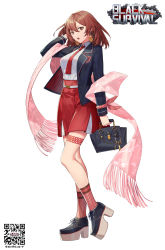 Rule 34 | 1girl, absurdres, bag, black jacket, black survival, brown eyes, brown hair, clog sandals, copyright name, full body, handbag, high-waist skirt, high heels, highres, holding, jacket, legband, long sleeves, looking at viewer, necktie, open clothes, open jacket, open mouth, qr code, red footwear, red necktie, red skirt, shawl, shirt, simple background, skirt, socks, solo, standing, striped clothes, striped legwear, striped socks, vertical-striped clothes, vertical-striped socks, white background, white shirt, yamakawa