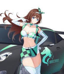 Rule 34 | 1girl, arm up, bandeau, bare shoulders, black vest, blue eyes, bow, bowtie, breasts, brown hair, car, choker, cleavage, closed mouth, closers, cowboy shot, crop top, cropped vest, elbow gloves, floating hair, gloves, green shirt, green skirt, hairband, highres, large breasts, long hair, looking at viewer, midriff, miniskirt, motor vehicle, navel, non-web source, official art, open clothes, open vest, race queen, race vehicle, racecar, shirt, side slit, skirt, smile, solo, standing, stomach, strapless, thighhighs, thighs, tube top, v-shaped eyebrows, vest, violet (closers), white gloves, white thighhighs, wing collar, zettai ryouiki