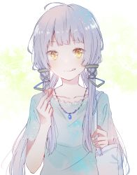Rule 34 | 1girl, :q, ahoge, bag, blue hair, collarbone, hair tie, handbag, heart, highres, jewelry, long hair, looking at viewer, mimengfeixue, necklace, pendant, sidelocks, solo, tongue, tongue out, upper body, vocaloid, white background, xingchen, yellow eyes