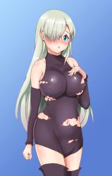 Rule 34 | 10s, 1girl, blush, breasts, covered erect nipples, elizabeth liones, female focus, hair over one eye, hazamanokaien, highres, large breasts, nanatsu no taizai, simple background, solo, torn clothes