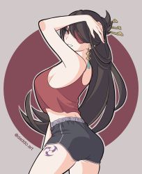 Rule 34 | 1girl, absurdres, alternate costume, beidou (genshin impact), black hair, breasts, brown eyes, colored eyepatch, daddo art, dolphin shorts, earrings, eyepatch, genshin impact, hair ornament, hairpin, half updo, hand on own head, highres, jewelry, leg tattoo, long hair, looking at viewer, looking back, no bra, red tank top, short shorts, shorts, sideboob, sideways glance, solo, tank top, tattoo