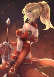 Rule 34 | 1girl, bare shoulders, blonde hair, braid, breasts, clarent (fate), commentary request, detached sleeves, dress, fate/grand order, fate (series), from side, green eyes, grin, hair ornament, hair scrunchie, highres, holding, holding sword, holding weapon, long hair, looking at viewer, medium breasts, mordred (fate), mordred (fate/apocrypha), ohako (ohako1818), ponytail, red dress, red scrunchie, red sleeves, scrunchie, smile, solo, sword, weapon
