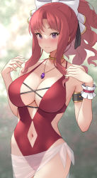 1girl, akino (princess connect!), armlet, bangs, bare shoulders, blush, bow, breasts, cleavage, collarbone, hair bow, highleg, highleg swimsuit, highres, jewelry, large breasts, long hair, looking at viewer, navel, neck ring, necklace, one-piece swimsuit, parted bangs, pendant, ponytail, princess connect!, princess connect! re:dive, purple eyes, red hair, red swimsuit, rokuichinpo, sarong, sidelocks, swimsuit, wavy mouth, white bow