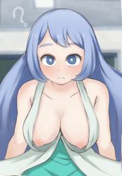 Rule 34 | 1girl, :&lt;, ?, bare arms, blue hair, boku no hero academia, breasts, chalkboard, classroom, cleavage, closed mouth, downblouse, dress, green dress, hadou nejire, highres, indoors, large breasts, light blue hair, light blush, long hair, looking at viewer, nipples, no bra, sidelocks, sleeveless, sleeveless dress, solo, tnt77, very long hair