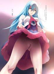 Rule 34 | 1girl, ahoge, android, bar censor, blue hair, censored, cleft of venus, female focus, hair between eyes, highres, lifting own clothes, long hair, looking at viewer, pussy, solo, vivy, vivy: fluorite eye&#039;s song