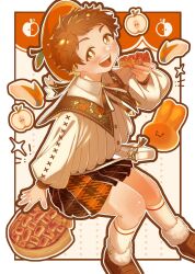 ! !! 1boy :d apple apple_pie apple_rabbit blush boots border bright_pupils brown_boots brown_eyes brown_hair brown_outline brown_ribbon brown_skirt collared_shirt commentary_request cross-laced_clothes cross-laced_sleeves crossdressing ensemble_stars! fingernails floral_print food food-themed_hat food_art from_side fruit fur-trimmed_boots fur_trim hand_up hat head_tilt highres holding holding_food inset_border invisible_chair kneehighs long_sleeves looking_at_viewer looking_to_the_side looking_up male_focus neck_ribbon omame_(pixiv43568650) open_mouth outline outside_border partial_commentary pie pie_slice plaid_clothes plaid_skirt pleated_skirt puffy_long_sleeves puffy_sleeves raised_eyebrows red_hat ribbon shirt short_hair sideways_glance sitting skirt smile socks solo star_(symbol) tareme teeth tenma_mitsuru upper_teeth_only very_short_hair white_background white_bag white_border white_pupils white_shirt white_socks