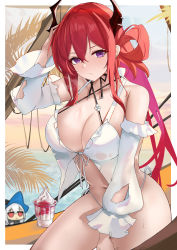 Rule 34 | absurdres, arknights, arm up, bikini, breasts, chibi, cleavage, cup, demon horns, dessert, detached sleeves, disposable cup, food, highres, horns, ice cream, large breasts, long hair, looking at viewer, musicatopos, navel, official alternate costume, purple eyes, red hair, skadi (arknights), skadi the corrupting heart (arknights), solo focus, surtr (arknights), surtr (colorful wonderland) (arknights), swimsuit, thighs, wet, whipped cream, white bikini