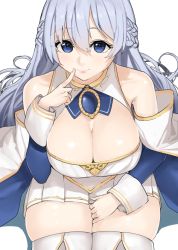 Rule 34 | 1girl, azur lane, bare shoulders, blue eyes, blue hair, braid, breasts, cleavage, detached sleeves, finger to mouth, french braid, hair between eyes, jewelry, large breasts, long hair, looking at viewer, miniskirt, necklace, ootani nonno, pleated skirt, rodney (azur lane), simple background, sitting, skindentation, skirt, solo, thighhighs, white background, white skirt, white thighhighs