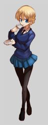 Rule 34 | 10s, 1girl, black footwear, black necktie, black pantyhose, blonde hair, blue eyes, blue skirt, blue sweater, braid, closed mouth, commentary, cup, darjeeling (girls und panzer), dress shirt, full body, girls und panzer, grey background, holding, holding cup, holding saucer, loafers, long sleeves, looking at viewer, miniskirt, necktie, no emblem, oono imo, pantyhose, pleated skirt, saucer, school uniform, shirt, shoes, short hair, simple background, skirt, smile, solo, st. gloriana&#039;s school uniform, standing, sweater, teacup, v-neck, white shirt, wing collar
