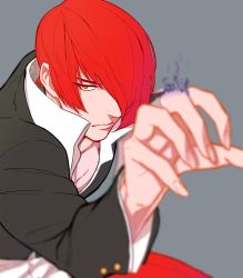 Rule 34 | 1boy, blurry, choker, depth of field, fire, hair over one eye, high collar, juu satoshi, male focus, purple fire, pyrokinesis, red eyes, red hair, solo, the king of fighters, yagami iori