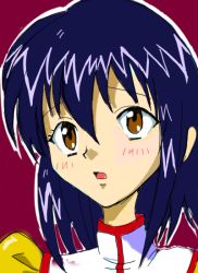 Rule 34 | 1990s (style), 1girl, agent aika, aika (series), artist request, blue hair, blush, brown eyes, delmo, dress, eyebrows, eyelashes, female focus, golden delmo, long hair, looking up, open mouth, puffy sleeves, retro artstyle, rie petoriyacowa, simple background, solo, upper body, very long hair