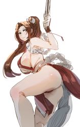 Rule 34 | 1girl, ass, bow (bhp), breasts, brown eyes, brown hair, closed mouth, dress, fatal fury, from side, hand up, holding, large breasts, long hair, looking at viewer, looking back, no bra, pelvic curtain, ponytail, red dress, revision, shiranui mai, sideboob, simple background, smile, solo, the king of fighters, white background, wristband