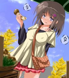 Rule 34 | 1girl, bad id, bad pixiv id, between breasts, blouse, blush, breasts, brown hair, character request, covered erect nipples, female masturbation, hair ornament, hairclip, large breasts, masturbation, miniskirt, mushroom, open mouth, phallic symbol, pleated skirt, purple eyes, pussy juice, real life, red skirt, sexually suggestive, shirt, short hair, skirt, solo, source request, strap between breasts, striped clothes, striped skirt, translated, tsuzuri (tuzuri)