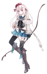 Rule 34 | 1girl, arrow (projectile), black gloves, black thighhighs, blue bow, blue bowtie, blue skirt, blush, boots, bow, bow (weapon), bowtie, brown eyes, brown footwear, capelet, closed mouth, cross-laced footwear, elf, full body, garter straps, gloves, hair ornament, hairclip, hat, high heel boots, high heels, highres, holding, holding weapon, knee boots, lace-up boots, looking at viewer, miyakure, original, pale skin, petticoat, pointy ears, single glove, skirt, smile, solo, thighhighs, weapon, white background, white hair