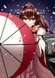 Rule 34 | 1girl, absurdres, brown eyes, brown hair, cannon, cherry blossoms, clothing cutout, coat, flower, fritz614, hair flower, hair intakes, hair ornament, highres, holding, holding shell, holding umbrella, kantai collection, long hair, long sleeves, multicolored umbrella, ponytail, red umbrella, rigging, shell, shirt, shoulder cutout, sidelocks, sleeveless, sleeveless coat, smile, solo, turret, umbrella, white coat, white shirt, white umbrella, yamato (kancolle), yamato kai ni (kancolle)