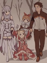 Rule 34 | 1boy, 3girls, absurdres, bare tree, beatrice (re:zero), blonde hair, boots, bow hairband, capelet, closed mouth, commentary request, emilia (re:zero), food, food on face, frills, fur-trimmed capelet, fur trim, grey hair, hair ornament, hairband, highres, holding, holding hands, holding plate, iwamushi, jacket, kneeling, long hair, multiple girls, natsuki subaru, neck ribbon, orange hair, pants, pantyhose, petra leyte, plate, pleated skirt, re:zero kara hajimeru isekai seikatsu, ribbon, shirt, shoes, short hair, sidelocks, skirt, sneakers, standing, striped clothes, striped pantyhose, symbol-shaped pupils, thigh boots, thighhighs, tree, walking, zipper pull tab