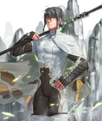 Rule 34 | 1boy, bara, black hair, bodysuit, bun cover, cape, chinese clothes, covered navel, facial hair, fate/grand order, fate (series), fingerless gloves, genderswap, genderswap (ftm), gloves, green eyes, hand on own hip, jin (sirius-j), large pectorals, long hair, looking at viewer, mahou kyuuri, male focus, muscular, muscular male, pectorals, polearm, qin liangyu (fate), sidelocks, simple background, skin tight, solo, thighs, tight clothes, weapon