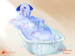 Rule 34 | 1girl, ahoge, bath, bathtub, blue skin, blush, breast tattoo, breasts, character name, cleavage, collarbone, colored skin, dated, derivative work, dripping, english text, erubetie, eyebrows, facial mark, forehead mark, hair over one eye, heart of tentacles, highres, kyaputen, large breasts, long hair, mon-musu quest!, monster girl, navel, nude, out of character, partially submerged, red eyes, sitting, slime (substance), slime girl, smile, solo, tattoo, water, watermark, wet