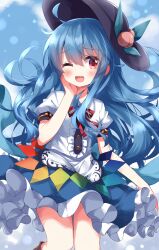 Rule 34 | 1girl, ;d, black headwear, blue background, blue hair, blue skirt, center frills, commentary request, frilled skirt, frills, highres, hinanawi tenshi, long hair, looking at viewer, one eye closed, open mouth, peach hat ornament, rainbow order, red eyes, ruu (tksymkw), shirt, short sleeves, skirt, smile, solo, touhou, white shirt