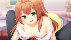 Rule 34 | 1girl, agekichi, asato saki, bare shoulders, bed, blurry, blurry background, blush, bow, breasts, dress, game cg, giuniu, green eyes, hair between eyes, hair bow, indoors, kenja no okuri imouto, long hair, looking at viewer, lying, nipples, no bra, off shoulder, one breast out, open mouth, orange hair, original, pillow, pov, small breasts, solo focus, stuffed toy, window