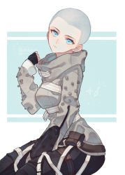 Rule 34 | 1girl, animification, apex legends, bald, bald girl, black gloves, black pants, blue eyes, breasts, fingerless gloves, gloves, grey jacket, head tilt, highres, jacket, looking at viewer, medium breasts, nakaba (mode), official alternate costume, pants, parted bangs, simple background, solo, star (symbol), straitjacket, the liberator wraith, twitter username, wraith (apex legends)