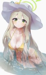 Rule 34 | 1girl, arm support, bikini, blonde hair, blue archive, blush, breasts, cleavage, collarbone, epi zero, green eyes, halo, hat, large breasts, light smile, looking at viewer, nonomi (blue archive), nonomi (swimsuit) (blue archive), partially submerged, see-through, see-through shirt, shirt, simple background, sitting, solo, sun hat, sweatdrop, swimsuit, wet, wet clothes, wet shirt, yellow bikini, yokozuwari