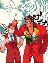 Rule 34 | 2boys, ace attorney, animal print, apollo justice, apollo justice: ace attorney, black hair, blue necktie, bracelet, brown eyes, brown hair, chinese zodiac, collared shirt, colored skin, facial hair, formal, furio tigre, grin, hand in pocket, height difference, holding another&#039;s hair, jacket, jewelry, looking at another, male focus, multiple boys, muscular, muscular male, necklace, necktie, nervous smile, pants, phoenix wright: ace attorney - trials and tribulations, ragi (od6fine), red jacket, red pants, red skin, red vest, scar, scar on face, shaded face, shirt, short hair, sleeves rolled up, smile, stubble, suit, sweatdrop, vest, white shirt, year of the rabbit, year of the tiger