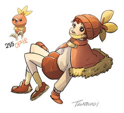 Rule 34 | 1boy, 1girl, beanie, black eyes, bright pupils, capelet, commentary, creatures (company), floating, full body, fur-trimmed capelet, fur trim, game freak, gen 3 pokemon, hat, long sleeves, looking at viewer, male focus, mittens, nintendo, open mouth, orange capelet, orange footwear, orange hair, orange hat, orange mittens, orange shorts, personification, pokemon, pokemon (creature), reference inset, shirt, short hair, shorts, signature, socks, tamtamdi, torchic, translated, white pupils, white shirt, yellow socks