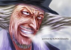 Rule 34 | 1boy, artist name, black eyes, black hair, black hat, dr. hiluluk, english text, facial hair, grey hair, hat, highres, kurokogiworks, looking to the side, male focus, mustache, old, old man, one piece, parted lips, smile, snow, snowing, solo, teeth, top hat