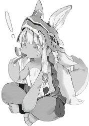 Rule 34 | !, 1girl, 1other, absurdres, animal ears, furry, greyscale, helmet, highres, holding, holding spoon, horizontal pupils, jiryu50610218, long hair, made in abyss, monochrome, nanachi (made in abyss), other focus, simple background, sitting, solo, spoon, sweat, tail, whiskers
