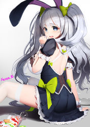 Rule 34 | 1girl, animal ears, artist name, bad id, bad pixiv id, blue eyes, blush, breasts, eyebrows, food, from side, hair over shoulder, ice cream, jellytits-7, large breasts, long hair, maid, open mouth, original, parfait, rabbit ears, silver hair, sitting, solo, spill, thighhighs, tray, two side up, very long hair, white thighhighs, wrist cuffs