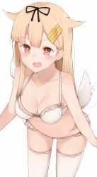 Rule 34 | + +, 10s, 1girl, black ribbon, blonde hair, blush, bra, breasts, cleavage, cole (coleltu), collarbone, cowboy shot, eyebrows, fang, frills, hair flaps, hair ornament, hair ribbon, hairclip, highres, kantai collection, leaning forward, long hair, open mouth, outstretched arms, panties, red eyes, ribbon, simple background, smile, solo, stomach, tail, tail wagging, thighhighs, thighs, underwear, underwear only, white background, white bra, white panties, white thighhighs, yuudachi (kancolle), yuudachi kai ni (kancolle)