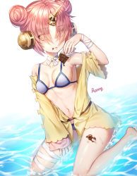 Rule 34 | 1girl, artist name, bikini, blue eyes, breasts, candy, chocolate, chocolate bar, double bun, fate/apocrypha, fate/grand order, fate (series), food, frankenstein&#039;s monster (fate), frankenstein&#039;s monster (swimsuit saber) (fate), frankenstein&#039;s monster (swimsuit saber) (first ascension) (fate), hair bun, hair over eyes, horns, looking at viewer, medium breasts, navel, parted lips, roang, seiza, short hair, signature, single horn, sitting, solo, swimsuit, water, yellow eyes