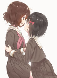 Rule 34 | 2girls, arm grab, black hair, blush, bow, brown eyes, brown hair, brown shirt, brown skirt, commentary request, eye contact, gekijouban hibike! euphonium, hair between eyes, hair bow, hibike! euphonium, highres, hisaishi kanade, long sleeves, looking at another, mimikaki (men bow), multiple girls, neckerchief, open mouth, oumae kumiko, parted lips, pleated skirt, profile, red bow, red neckerchief, sailor collar, school uniform, serafuku, shirt, short hair, simple background, skirt, sweat, v-shaped eyebrows, white background, white sailor collar, yuri