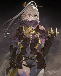 Rule 34 | 1girl, armor, asymmetrical clothes, black armor, bodysuit, breastplate, breasts, fate/grand order, fate (series), gauntlets, grey bodysuit, grey eyes, hair between eyes, hair ornament, hairpin, high collar, highres, huyan zhuo (fate), huyan zhuo (second ascension) (fate), large breasts, long hair, looking at viewer, pauldrons, shoulder armor, single pantsleg, solo, thighs, toridamono, very long hair, white hair